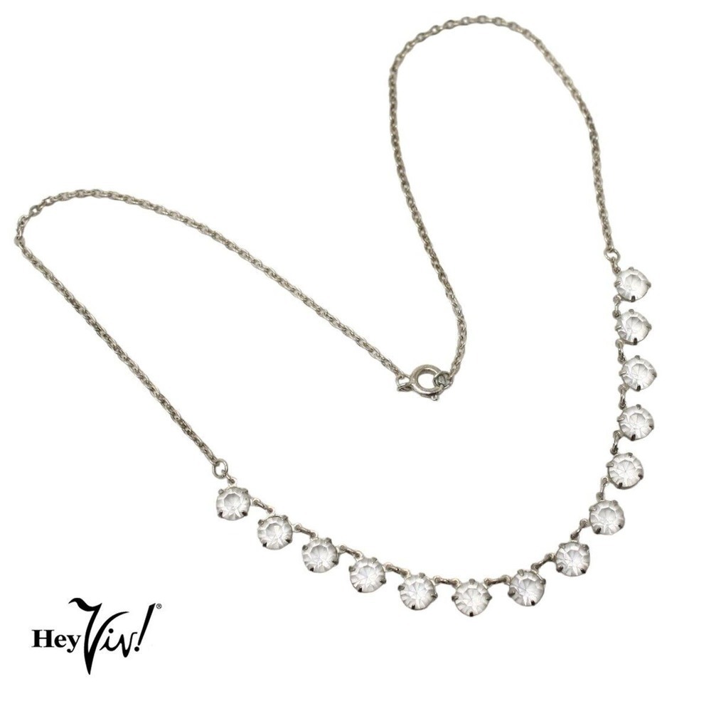 Vintage Fine Silver Metal Chain Necklace w Prong Set Rhinestones 18" - Hey Viv